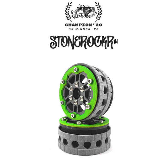 Flatgekko™ Stonerockr™ Douwe’s Humz 1.9″ LCG Offset Wheel Set /w Fluo Green Front Ring (2pcs)